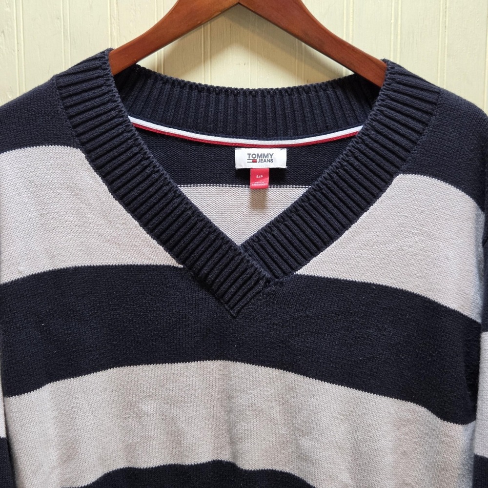 Tommy Jeans Sweater Womens Small‎ Blue Striped V Neck Long Sleeve Knit Pullover